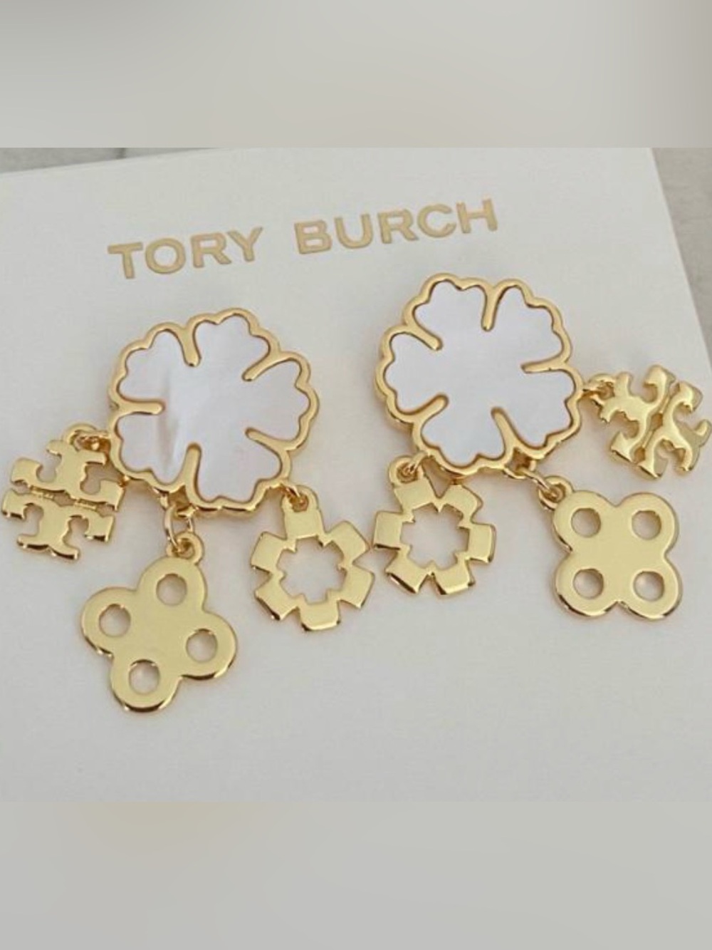Tory Burch White and Gold Enamel Floral Dangle Earrings